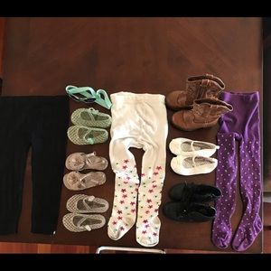 Girls sandals, casual shoes, dress shoes, boots and 3 pairs of tights, goggles